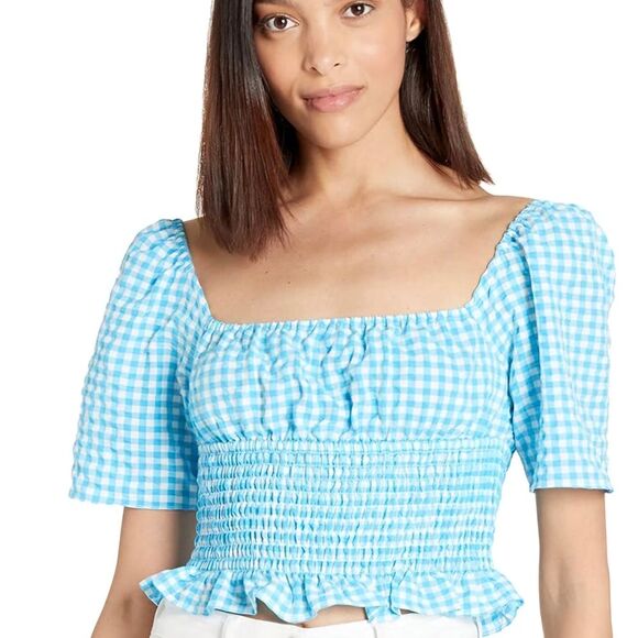 BCBGeneration Blue and White Ruffled Smocked Square Neck Crop Top Size Small - Picture 1 of 6
